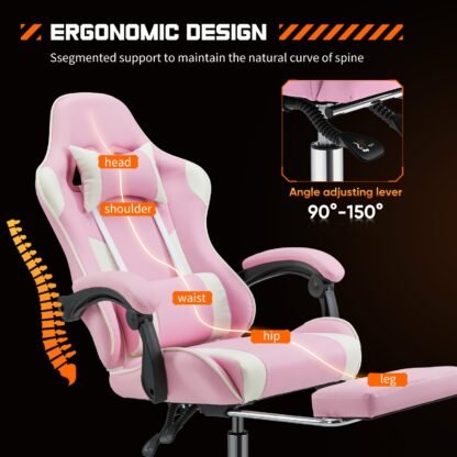 Vaizdo žaidimų stalo kėdė – ergonomiška kompiuterio kėdė su kojų atrama ir patogia juosmens atrama, PU odos atlošta kėdė su galvos atrama, fiksuotas porankis - Image 6
